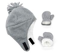 PONCEAU Baby Boys Girls Sherpa Fleece Lined Winter hat Gloves Mitten Set Infant Toddler Tropper hat Aviator hat Dark Gray/Mitten Set 3-12 Months