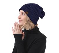 PONCEAU Womens Winter Hats - Warm Knit Beanie Winter for Ladies Thermal Hat Thick Solid Fleece Lined Beanie Hats for Women Unisex Warm Skiing Beanies Navy Blue
