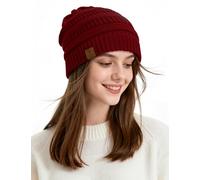 PONCEAU Womens Winter Hats - Warm Knit Beanie Winter for Ladies Thermal Hat Thick Solid Fleece Lined Beanie Hats for Women Unisex Warm Skiing Beanies Burgundy