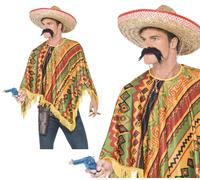 Poncho + Black Moustache Mexican Spanish Mens Wild West Fancy Dress Costume