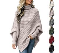 Poncho Jumpers for Women UK Batwing Sleeve Oversized Cable Knit Sweater | Womens Poncho Jumper, Turtleneck Chunky Knitwear, Asymmetric Hem Textured Cape, Autumn Winter Slouchy, Outdoor Work Christmas