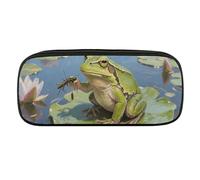 Pond Frog Pencil Case Waterproof Leather Pencil Pouch Multi-purpose Aesthetic Makeup Bag Cute Pen Bag Large Cosmetic Bag for Office Stationery, Travel