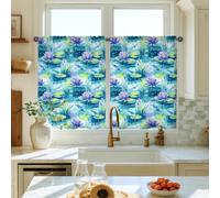 Pond Lily Kitchen Curtains, Nature Floral Water Lily Leaves Spring Blue Patterned Curtains Window Decoration for Dining Room Breakfast Nook Sink Area 26x36 Inch