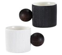 PONDON 2 PCS Mini Espresso Cups, 2 oz Ceramic Demitasse Cup with Round Wooden Handle, Vertical Stripe Coffee Mug, Anti-Scald Wooden Handle, Small Ceramic Tea Cup for Hot and Cold Drinks