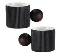 PONDON 2 PCS Mini Espresso Cups, 2 oz Ceramic Demitasse Cup with Round Wooden Handle, Vertical Stripe Coffee Mug, Small Ceramic Tea Cup for Hot and Cold Drinks, Wooden Handle for Heat Protection