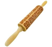 PONDON Engraved Rolling Pin, 13.7 In Beechwood Roller For Clay Tile, Intricate Floral And Geometric Patterns, Double Handle For Baking And Crafts