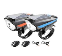 PONDON Headlight Set With Electric Bell, 2 Pcs, Usb Rechargeable & Solar Powered, Blue & Orange Led Front Light, Detachable Torch