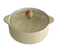 PONDON Korean Ceramic Noodle Bowl With Lid, 32.1 Fl Oz, Insulated Dinnerware, Beige Ribbed Design, Ideal For Dorms