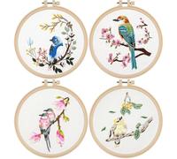 PONDON Starter Kits, 4 Sets Embroidery Kit With Instructions Hoops Needles Threads, Art Craft Sewing, Hummingbird And Flower Cross Stitch Chinese Traditional Diy