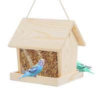 PONDON Wild Birds Enjoying Sturdy Feeding Station, Outdoor Bird Feeder House With Two Landing Trays, Hanging Wood Bird Feeder For Garden, Eave, Balcony