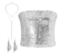 PonFxp 3 Pcs Sequin Top with Earrings and Necklace Set, Sparkly Silver Tube Top for Women, Glitter Silver Wrap Top, Strapless Party Clubwear for Night Out, Fashion Photoshoot, Gift