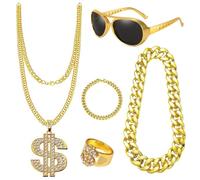 PonFxp 80s Fancy Dress Boys, Hip Hop Costume Set, Fancy Dress Accessories, Fake Gold Chain, Party Supplies, Includes Dollar Necklace, Gold Chain, Hippie Glasses And Ring, For 80s/90s Themed Parties