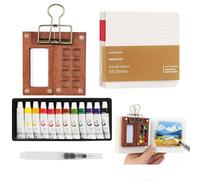 PONGH Mini Watercolour Paint Sets, Sketchbook Palette Set 8 Grids, 12 Colours Portable Watercolour Palette with Watercolour Paper Journal, Watercolour Brush Pen, Clip for Painters, Artists, Students