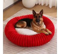 Pongpai Donut Calming Dog Bed, Calming Dog Cat Pet Bed Anxiety Relief Soft Fluffy Doughnut Pillow, Machine Washable Luxury Faux Fur Pet Pillow Basket (120x120x20cm,Red)