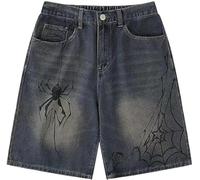 Ponitrack Jorts Women Baggy Vintage Acid Wash Jean Shorts Grunge Fashion Casual Wide Leg Y2K Pants Streetwear Men Unisex, Spider, XXL