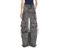 Ponitrack Multi-Pocket Jeans Washed Cargo Pants Y2k Retro High Street High Waist Jeans Casual Wide Leg Parachute Pants, Black, Large