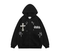 Ponitrack Unisex Zip Up Hoodies Y2k Flame Print Aesthetic Oversized Sweatshirt Vintage Graphic Jackets Streetwear, Black, L