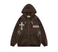 Ponitrack Unisex Zip Up Hoodies Y2k Flame Print Aesthetic Oversized Sweatshirt Vintage Graphic Jackets Streetwear, Brown, M