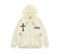 Ponitrack Unisex Zip Up Hoodies Y2k Flame Print Aesthetic Oversized Sweatshirt Vintage Graphic Jackets Streetwear, White, M