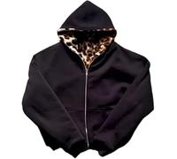 Ponitrack Vintage Leopard Print Jacket Y2k Reversible Zip Up Jacket Baggy Long Sleeve Hoodie Grunge Streetwear Unisex, Black Leopard, S