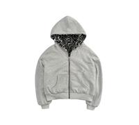 Ponitrack Vintage Leopard Print Jacket Y2k Reversible Zip Up Jacket Baggy Long Sleeve Hoodie Grunge Streetwear Unisex, Grey, Large