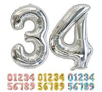 Ponmoo Foil Balloon Number 34/43 Silver, Giant Numbers 0 1 2 3 4 5 6 7 8 9 10-19 20-29 30-39 40-49 50-60-70-80-90-100, Large Balloons for Wedding Anniversary Birthday Party Decoration
