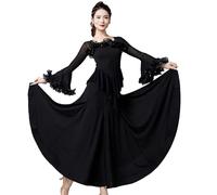 PONNYC Ballroom Dance Dresses for Women Waltz Performance Dancing Outfit Social Modern Dance Clothes Tango Costume Big Swing,Black,3XL