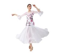 PONNYC Ballroom Dance Dresses for Women Waltz Salsa Training Dancewear Social Foxtrot Performance Dancing Outfit Big Swing,White,L