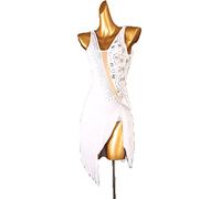 PONNYC Latin Dancing Outfit for Women Fringe Salsa Cha Cha Performance Dancewear Ballroom Dance Dresses Split Tango Skirt,White,M