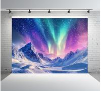 PONNYC Northern Lights Backdrop Colorful Aurora Borealis Natural Scenery Snow Mountains View Night Starlit Sky Photography Background Vacation School Supplies Decor Party Banner 7X5FT DU58A
