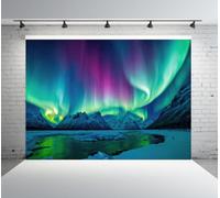 PONNYC Northern Lights Backdrop Colorful Aurora Borealis Snow Mountains Lake View Night Sky Photography Background Vacation School Supplies Decor Holiday Photo Backdrop 7x5FT DU56A