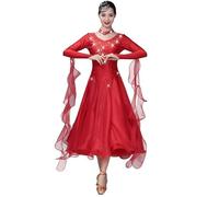 PONNYC Red,XL, Tango Salsa Dancewear for Women Long Sleeve Waltz Performance Dancing Clothes Ballroom Dresses Foxtrot Dancing Outfit