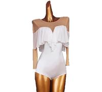 PONNYC Waltz Jumpsuit Tops Women's Salsa Basic Bodysuits Mesh Splice Tango Training T Shirt Foxtrot Tops Bodysuit Jumpsuit,White,XL