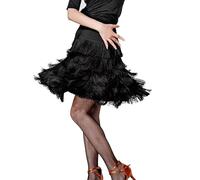 PONNYC Women's Latin Dance Skirt Tassel Tango Dance Stage Performance Costume Salsa Dancewear Half Body Skirt for Rumba Samba,Black,L
