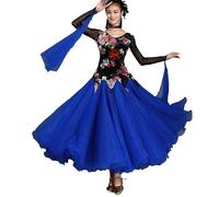 PONNYC Women's Salsa Waltz Dance Performance Costume Printed Tango Social Dance Clothes Long Sleeve Ballroom Dancing Dresses,g,M