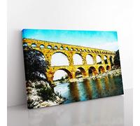 Pont Du Gard Bridge In France Painting Modern Art Canvas Wall Art Print Ready to Hang, Framed Picture for Living Room Bedroom Home Office Décor, 60x40 cm (24x16 Inch)