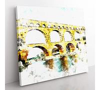 Pont Du Gard Bridge in France Watercolour Modern Canvas Wall Art Print Ready to Hang, Framed Picture for Living Room Bedroom Home Office Décor, 50x50 cm (20x20 Inch)