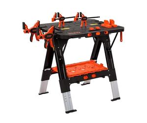 PONY 2-in-1 Folding Workbench, 227 kg Work Bench & 454 kg Saw Horse, 6 Adjustable Height Portable Work Table4 Quick Clamps, 4 Clamp Dogs & Tool Tray, 79 x 89 x 63.5 cm