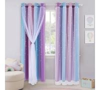PONY DANCE Blackout Curtains for Kids & Nursery Bedroom, Star Cut Out with Sheer Net, Thermal Insulated Double Layer Eyelet Drapes, 2 Panels, 132x213cm (52x84 inch), Purple Blue Pink Ombre