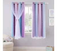 PONY DANCE Blackout Curtains for Kids - Stars Cut Out with Sheer, Romantic Eyelet Drapes for Girls Princess Bedroom, Kids Living Room, Nursery, 2 Panels, W 52 x L 63 inch, Purple Blue Pink