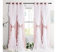 PONY DANCE Blush Pink Curtains for Girls Bedroom, Decorative Double Layer Curtains with Ruffle Sheer Overlay for Kids, Pretty Chic Princess Dreamy Ambiance Room Darkening Drapes 52x84 inch, 2 PCs