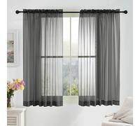PONY DANCE Dark Grey Window Net Curtains 60x54 Inches - Slot Top Super Soft Voile Curtains Light Filtering Semi Transparent Sheer Panels for Bedroom/Living Room/Kitchen Privacy Protection, 2 Panels