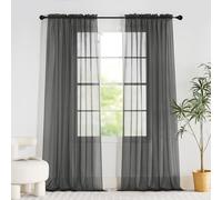 PONY DANCE Dark Grey Window Net Curtains 60x90 Inches - Slot Top Super Soft Voile Curtains Light Filtering Semi Transparent Sheer Panels for Bedroom/Living Room/Kitchen Privacy Protection, 2 Panels