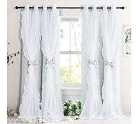 PONY DANCE Greyish White Curtains for Girls Bedroom, Decorative Double Layer Curtains with Ruffle Sheer Overlay for Kids, Pretty Chic Princess Dreamy Ambiance Room Darkening Drapes 52x84 inch, 2 PCs