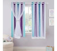 PONY DANCE Kids Blackout Curtains with Star Cut-Outs, Eyelet Double Layer Thermal Rainbow Drapes with Sheer Net, 2 Panels, 132x137cm (52x54 inch), Purple Blue Ombre