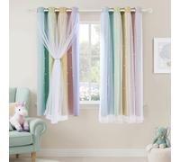 PONY DANCE Kids Rainbow Blackout Curtains with Star Cut-Outs, Eyelet Double Layer Thermal Drapes with Sheer Net Window Treatment, 2 Panels, 132x137cm (52x54 inch)
