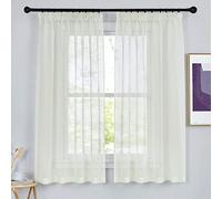 PONY DANCE Light Beige Voile Curtains - Net Curtains for Bedroom Linen Look Sheer Light Filter Thick Small Window Treatments for Bathroom, 2 Pieces, W 55 inch by L 63 inch, 140CM x 160CM