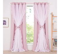 PONY DANCE Light Pink Curtains for Girls Bedroom, Decorative Double Layer Curtains with Ruffle Sheer Overlay for Kids, Pretty Chic Princess Dreamy Ambiance Room Darkening Drapes 52x63 inch, 2 PCs