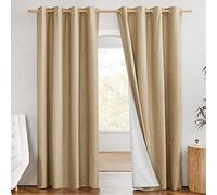 PONY DANCE Linen Bedroom Curtains Energy Saving 100% Blackout Thermal Door Curtains with Eyelets 213 cm Blackout Curtains for Study Living Room Camel 132 cm Wide 2