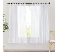 PONY DANCE Linen Look Curtains White Semi-Transparent H 160 x W 140 cm Short Curtains Living Room Voile Curtains Linen Look Tab-Top Curtain Set of 2 Transparent